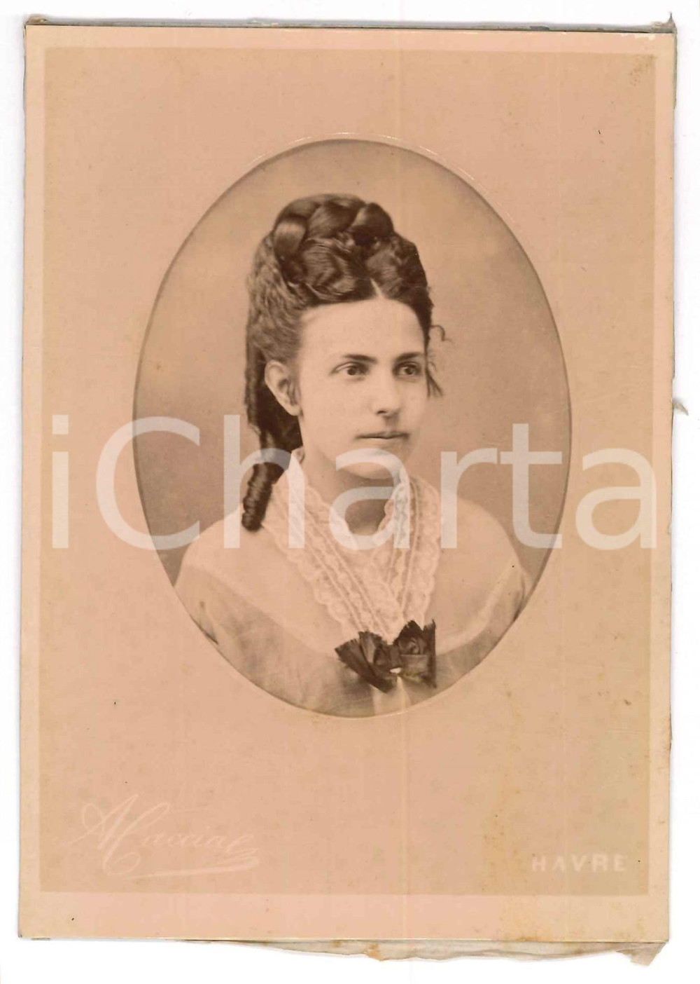 Fotografia d epoca originale 1890 ca LE HAVRE Ritratto di giovane donna  Foto A. CACCIA 10x15 cm 1 1