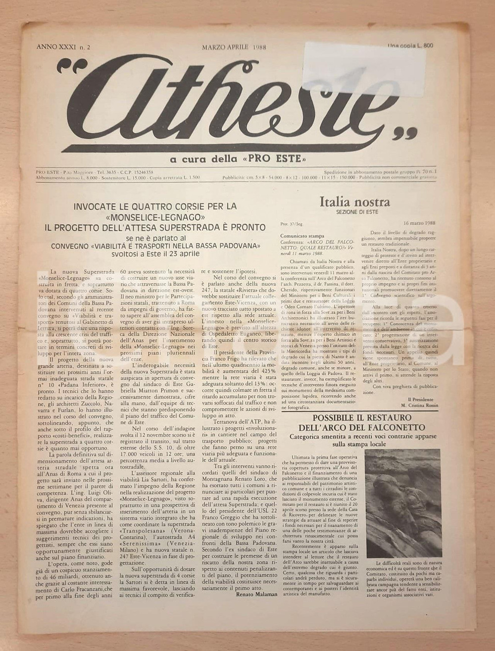 Giornale, rivista storica 1988 ATHESTE Progetto superstrada MonseliceLegnago Giornale PRO ESTE 1