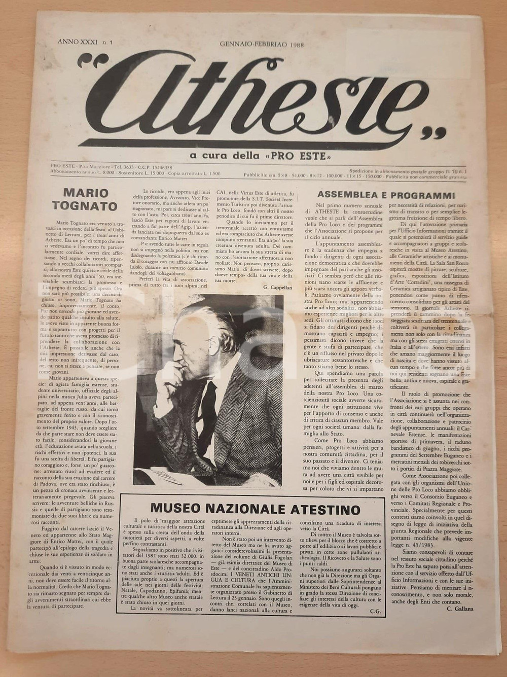 Giornale, rivista storica 1988 ATHESTE PRO ESTE Mario TOGNATO  Museo Nazionale Atestino Giornale PRO ESTE 1