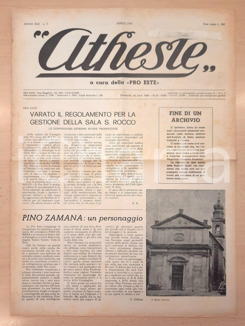 Giornale, rivista storica 1979 ATHESTE Pino ZAMANA  Gestione sala S. Rocco Giornale PRO ESTE 1