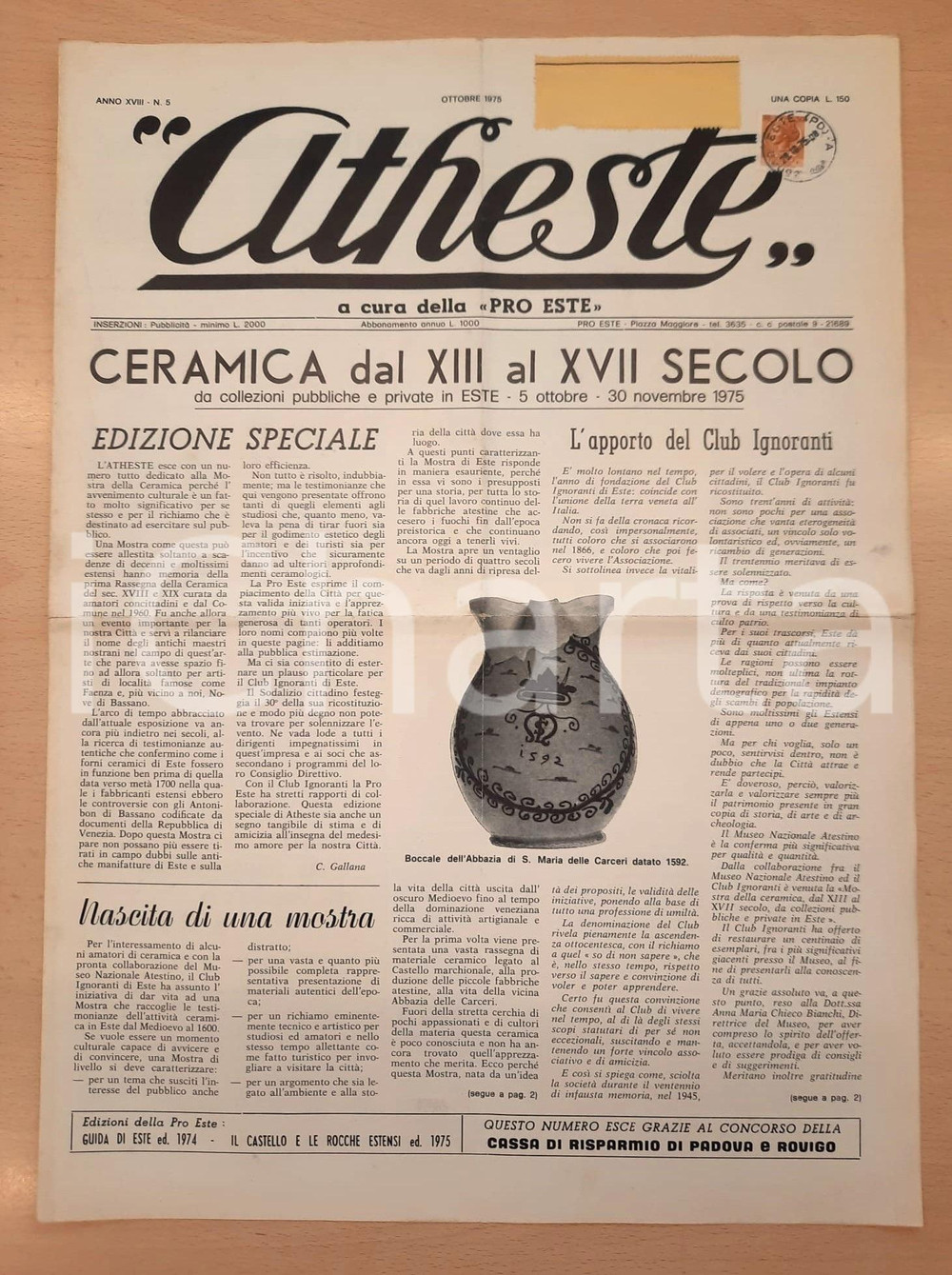 Giornale, rivista storica 1975 ATHESTE Mostra ceramica XIIIXVII sec.  Club Ignoranti Giornale PRO ESTE 1