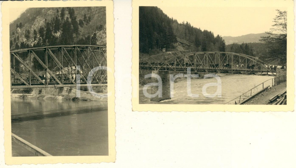 Fotografia d epoca originale 1940 ca WW2 LIPPITZBACH AUSTRIA Ponte Gridl  Truppe a cavallo 2 foto 10x7 cm 1