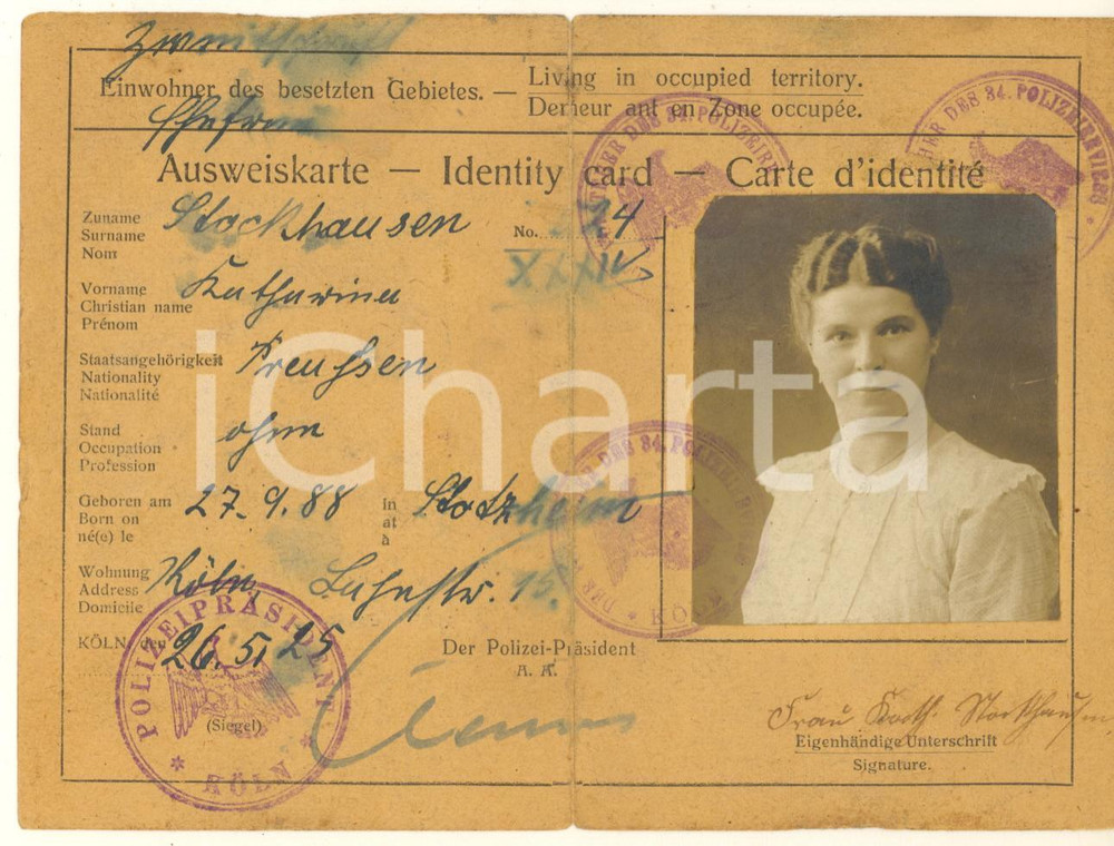 Documento originale, autentico 1925 KOLN /GERMANY Identity card Katharina STOCKHAUSEN  Real Photo 1