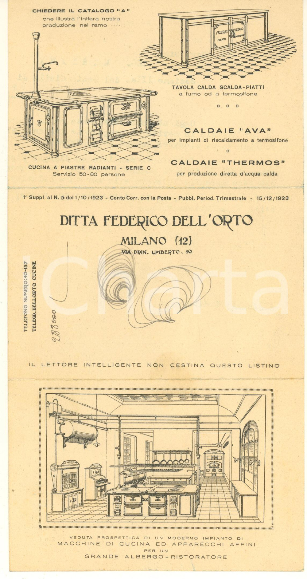 Materiale pubblicitario d’epoca 1923 MILANO Via Principe Umberto 10 Federico DELL ORTO  Cucine Pieghevole 1