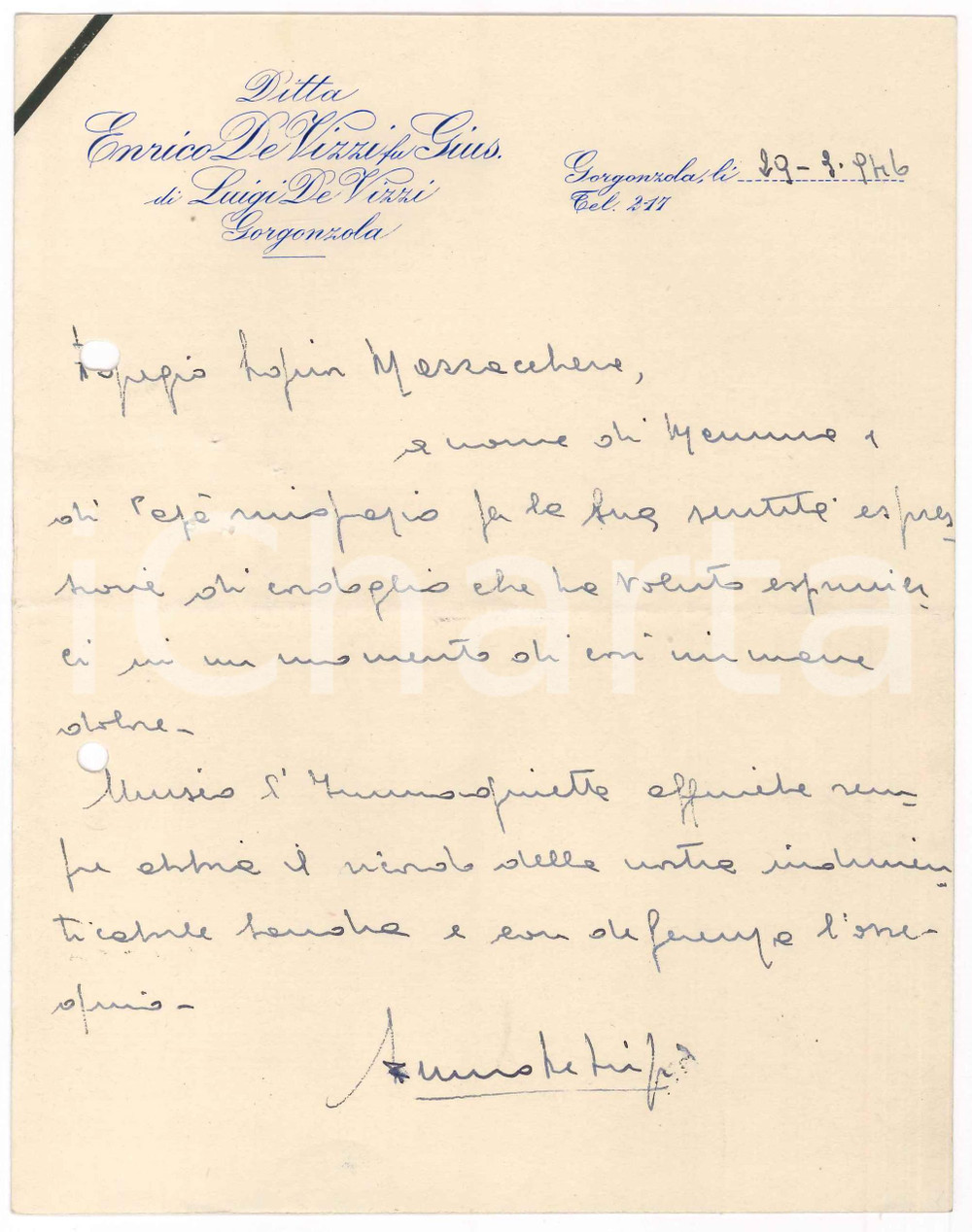 Documento originale, autentico 1946 GORGONZOLA Ditta Enrico DE VIZZI  Lettera di ringraziamento Autografo 1