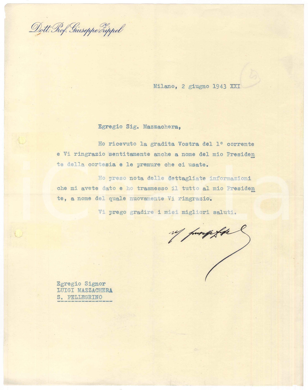 Documento originale, autentico 1943 MILANO Lettera prof. Giuseppe ZIPPEL per ringraziamento Autografo 1