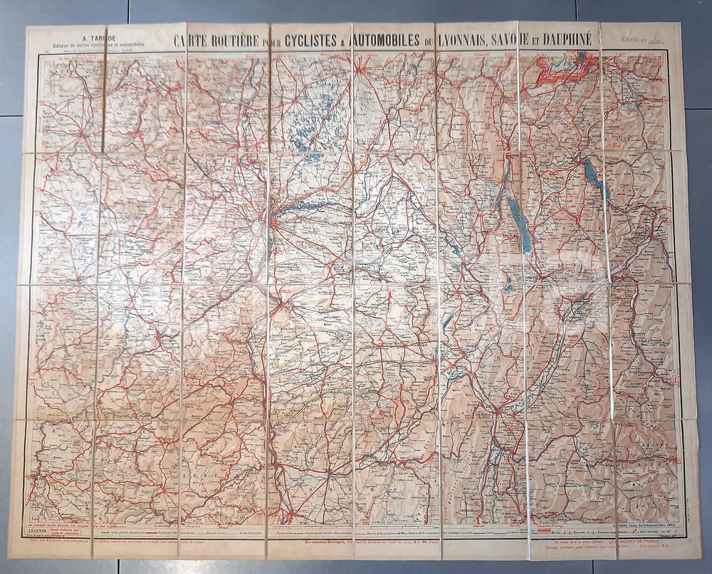 Mappa, planimetria storica 1904 Carte TARIDE cycliste automobile  LYONNAIS, Savoie, Dauphiné Mappa tela 1