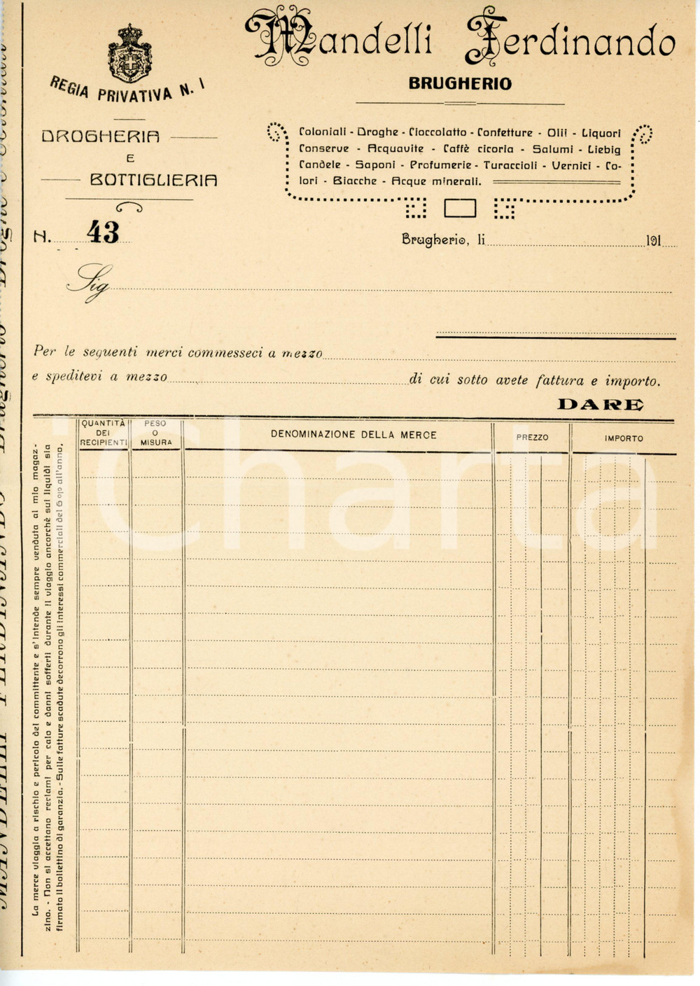 Documento originale, autentico 1910 ca BRUGHERIO Ferdinando MANDELLI Drogheria e bottiglieria  Fattura 1 1