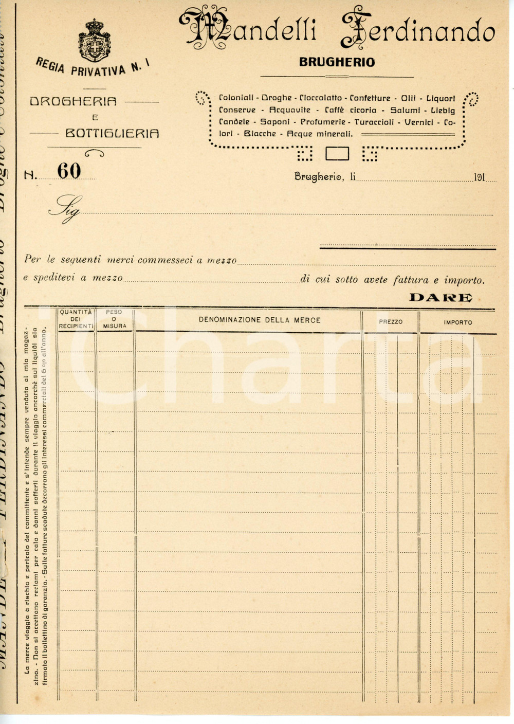 Documento originale, autentico 1910 ca BRUGHERIO Ferdinando MANDELLI Drogheria e bottiglieria  Fattura 1