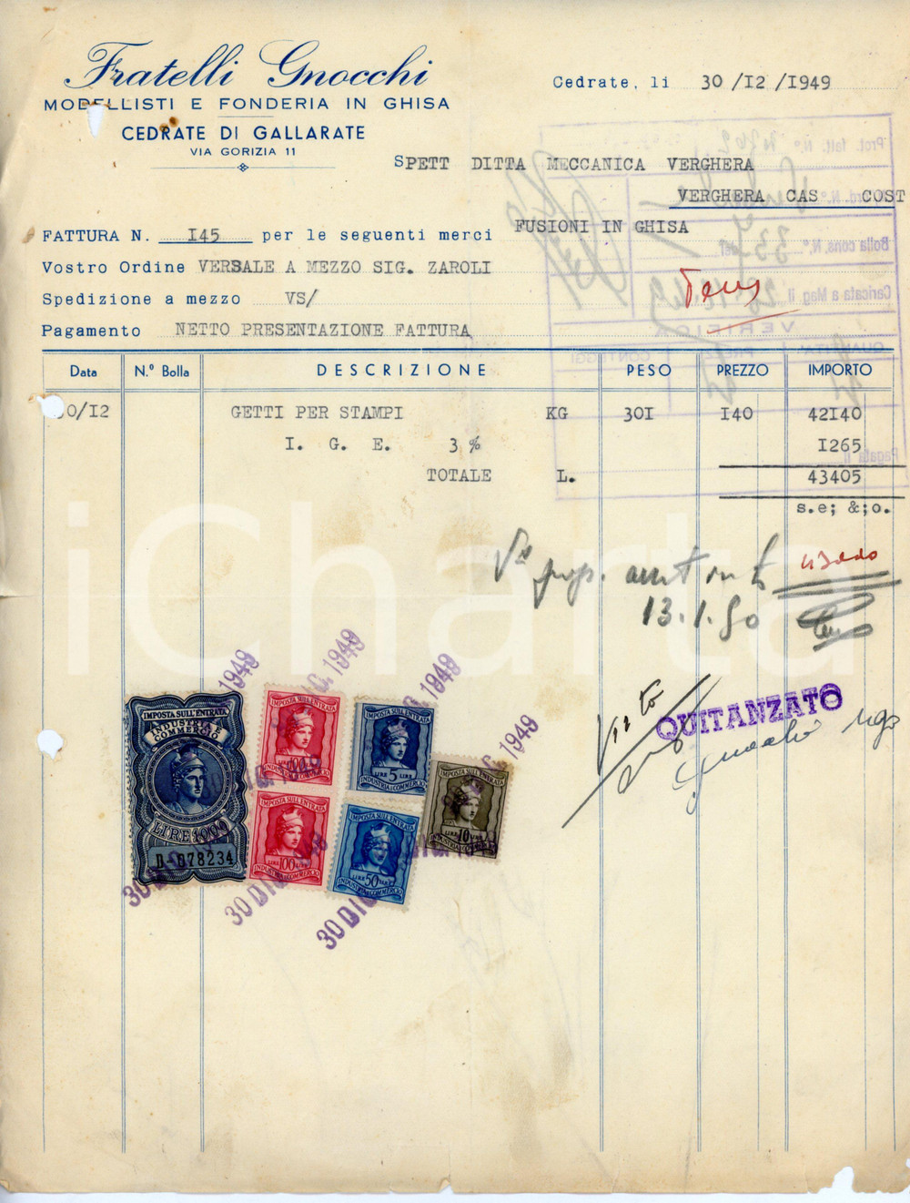 Documento originale, autentico 1949 GALLARATE Frazione CEDRATE Fratelli GNOCCHI Fonderia in ghisa  Fattura 1