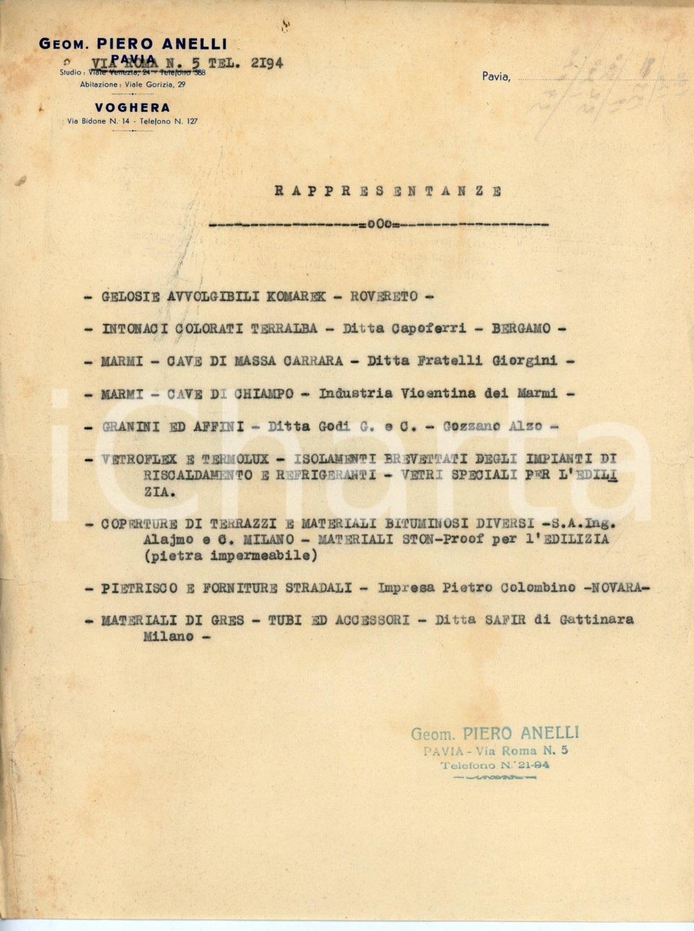 Documento originale, autentico 1935 ca PAVIA Via Roma 5  Geometra Piero ANELLI Rappresentanze Cave di CHIAMPO 1