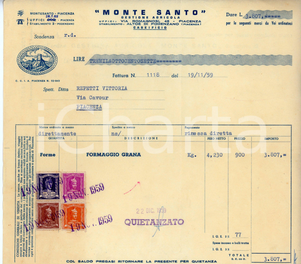 Documento originale, autentico 1959 PODENZANO Frazione ALTOÈ Caseificio MONTE SANTO Fattura forme di grana 1