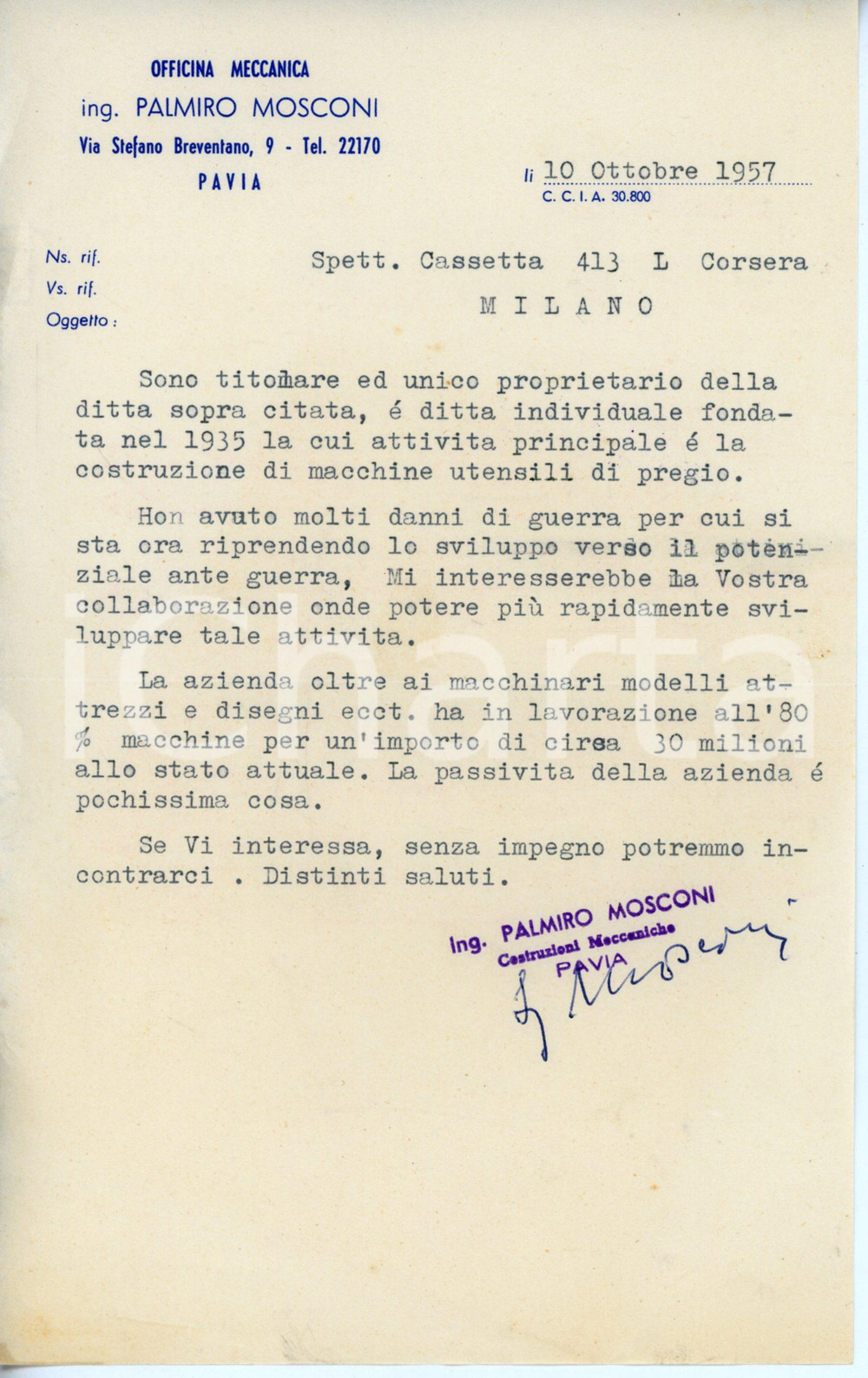 Documento originale, autentico 1957 PAVIA Via Breventano 9 Officina meccanica Palmiro MOSCONI Danni di guerra 1