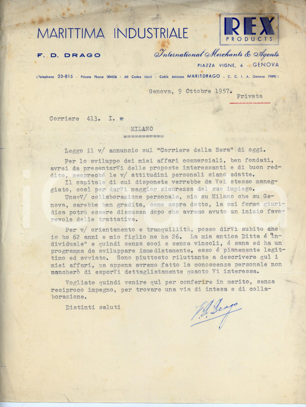 Documento originale, autentico 1957 GENOVA Piazza Vigne 6 F.D. DRAGO Marittima industriale REX PRODUCTS Lettera 1