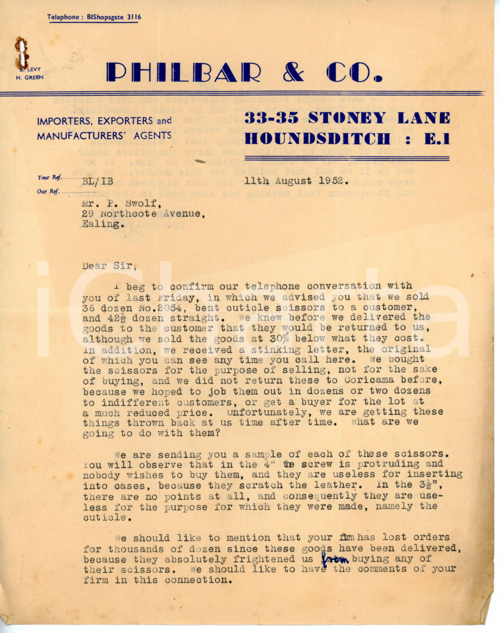 Documento originale, autentico 1952 HOUNDSDITCH UK 3335 Stoney Lane PHILBAR AND CO. Letter cuticle scissors 1