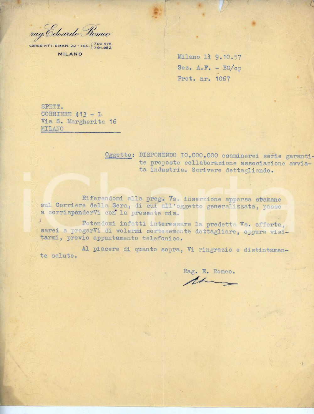 Documento originale, autentico 1957 MILANO Corso Vittorio Emanuele 22 Rag. Edoardo ROMEO Lettera commerciale 1