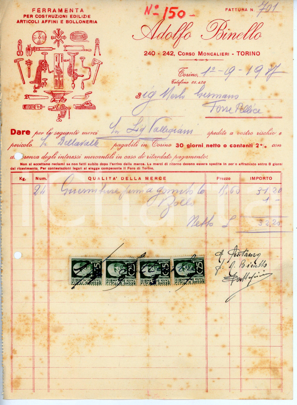 Documento originale, autentico 1937 TORINO Corso Moncalieri 240  Adolfo BINELLO Ferramenta  Fattura 1 1