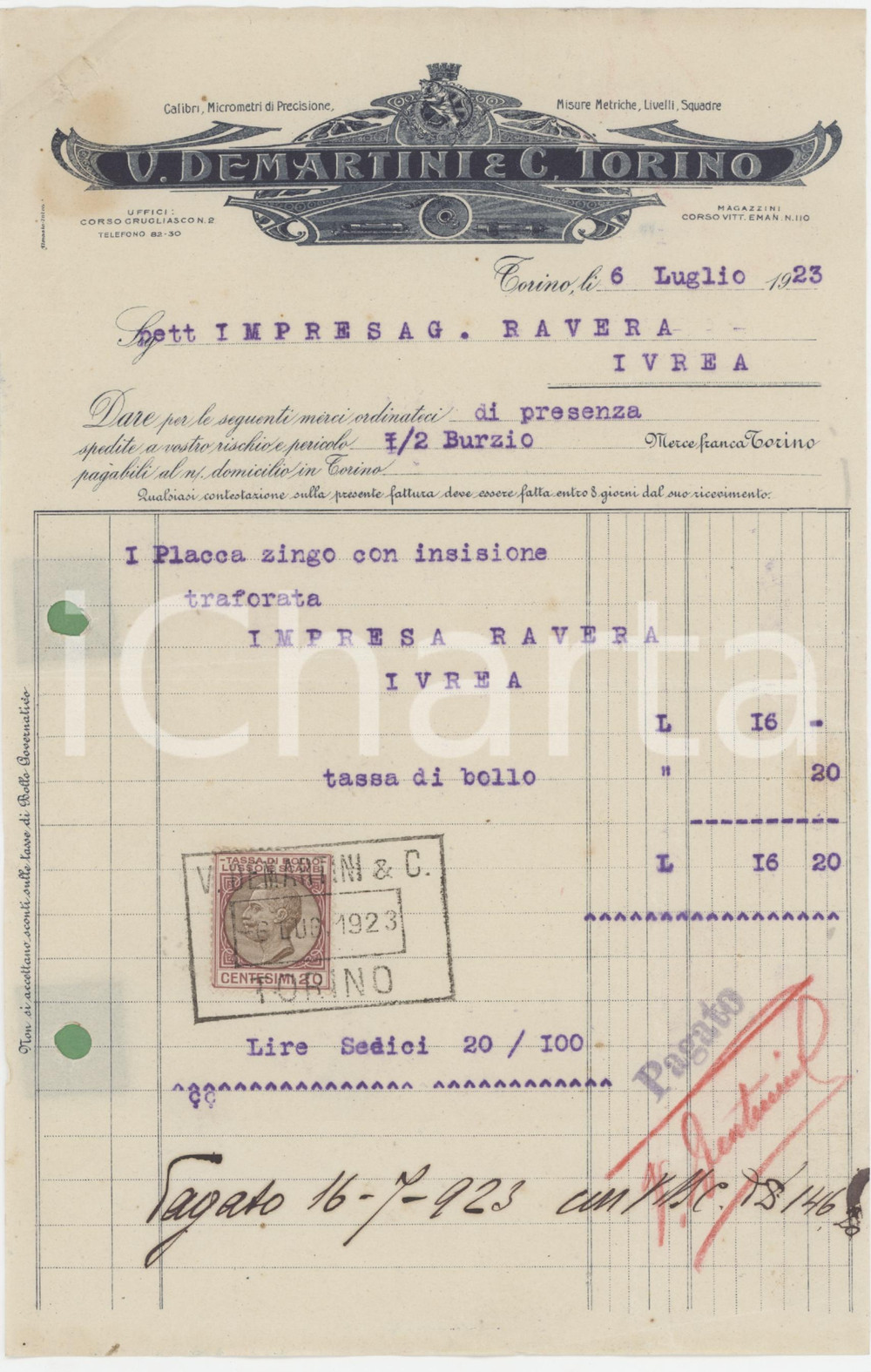 Documento originale, autentico 1923 TORINO Misure metriche V. DEMARTINI E C. Fattura per placca in zinco incisa 1