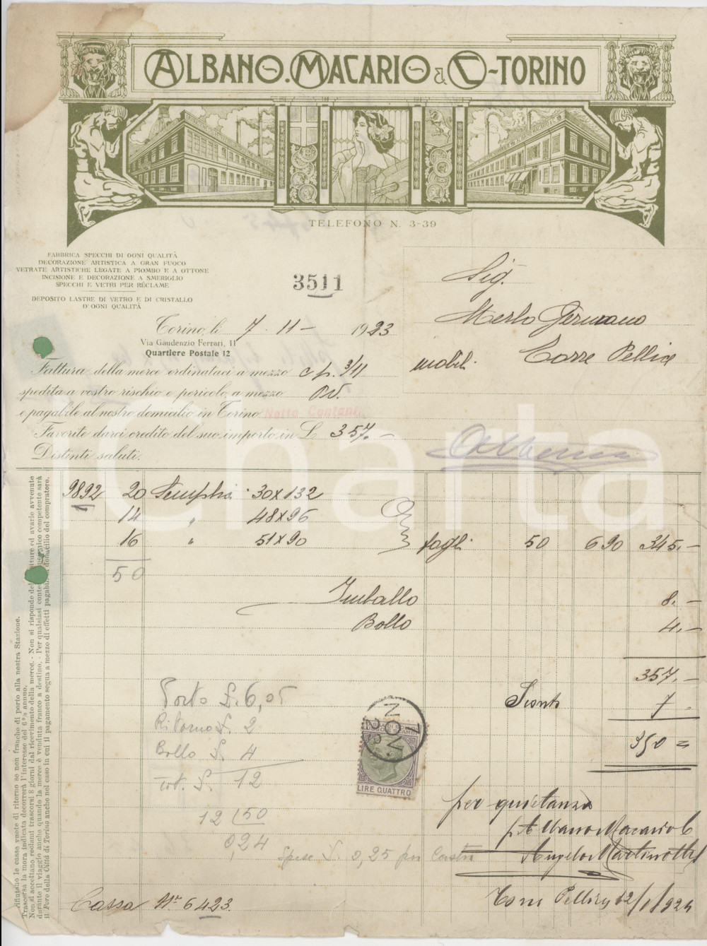 Documento originale, autentico 1923 TORINO Via G. Ferrari 11 Albano MACARIO & C. Vetrate artistiche  Fattura 3 1