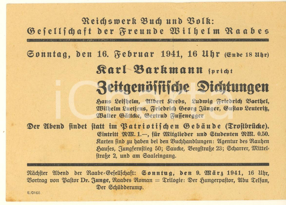 Materiale pubblicitario d’epoca 1941 WW2 HAMBURG Serata Amici di Wilhelm Raabe con Karl Barkmann Invito 1