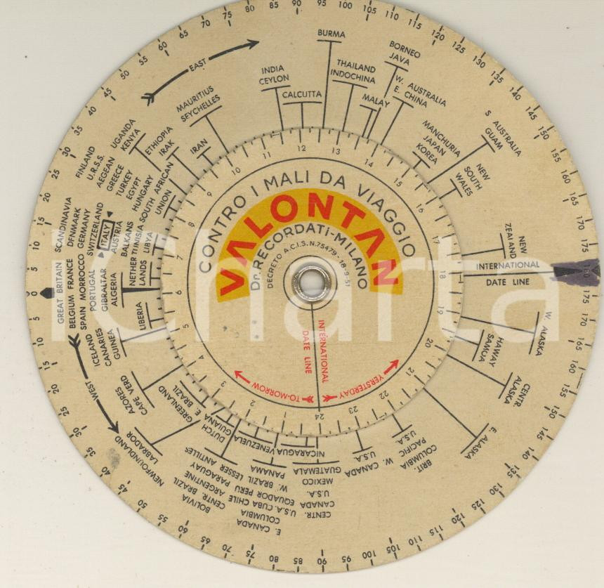 Materiale pubblicitario d’epoca 1955 ca FARMACEUTICA RECORDATI  VALONTAN   Disco pubblicitario fusi orari 1