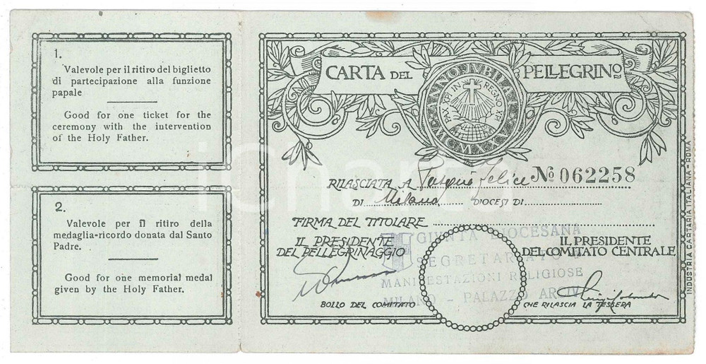 Oggetto da collezione cartaceo GIUBILEO 1925 Carta del pellegrino di Felice PASQUI  Diocesi di Milano 1