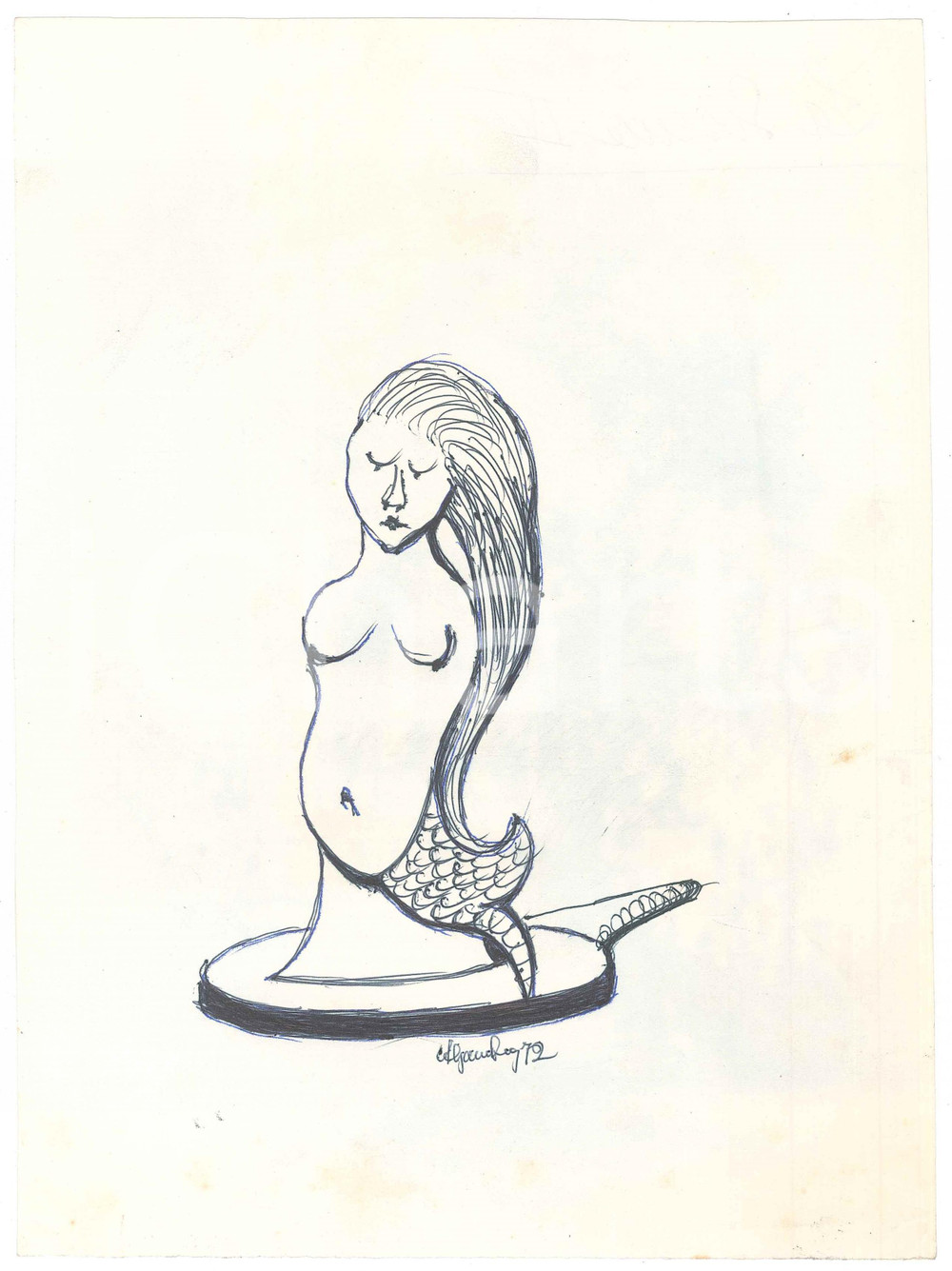 Opera d’arte autentica 1972 PADOVA Achille GAMBERINI  La sirena Disegno 20x28 cm 1
