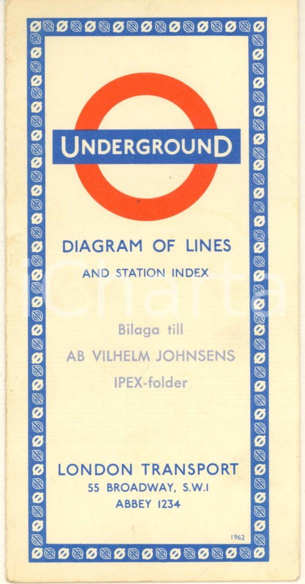 Materiale pubblicitario d’epoca 1962 LONDON UNDERGROUND Diagram of lines and station index  Map 1