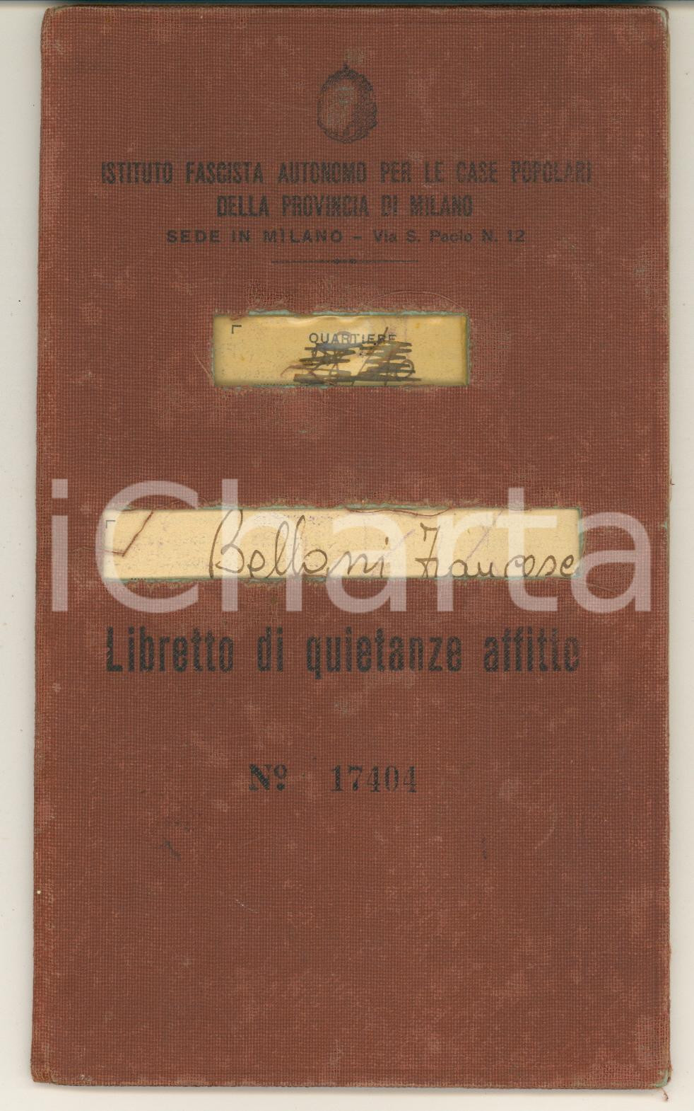 Documento originale, autentico 1935 MILANO STADERA Case Popolari  Libretto quietanza per pagamento affitto 1