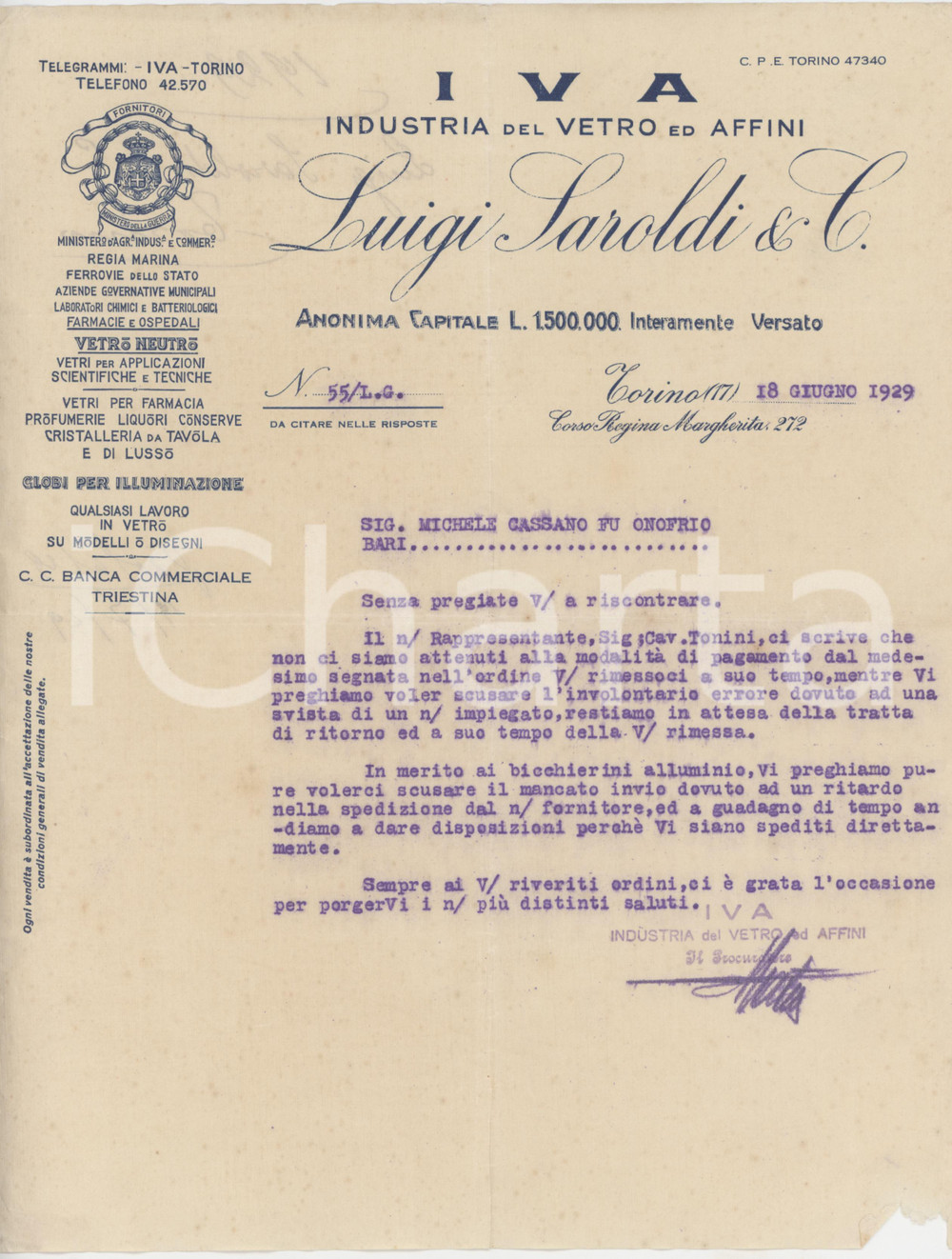 Documento originale, autentico 1929 TORINO Industria Vetro e Affini IVA di Luigi SAROLDI Lettera commerciale 1