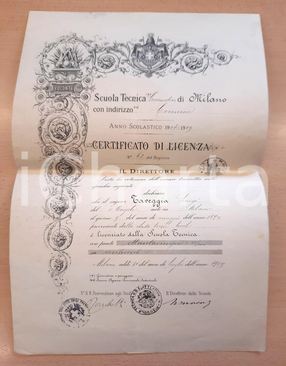 Oggetto da collezione cartaceo 1909 MILANO Scuola Tecnica Governativa  Certificato di licenza Luigi TAVEGGIA 1