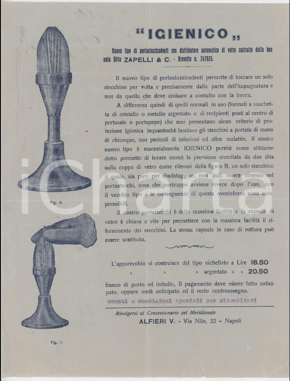 Materiale pubblicitario d’epoca 1929 Ditta ZAPELLI & C. Portastuzzicadenti con distributore automatico VOLANTINO 1