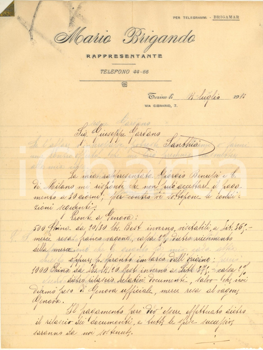 Documento originale, autentico 1913 TORINO Via Cibrario  Mario BRIGANDO rappresentante  Lettera per saldo 1