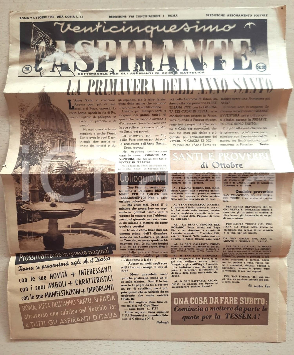 Giornale, rivista storica 1949 ROMA  L ASPIRANTE  Primavera dell Anno Santo Giornale AZIONE CATTOLICA 1