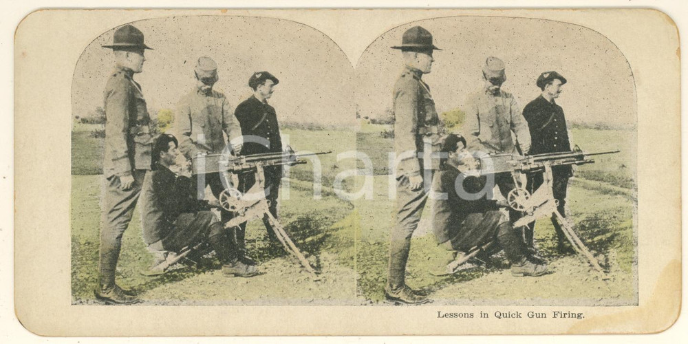 Fotografia d epoca originale 1918 WW1 SOLDIERS Lessons in Quick Gun Firing  Original stereoview 1