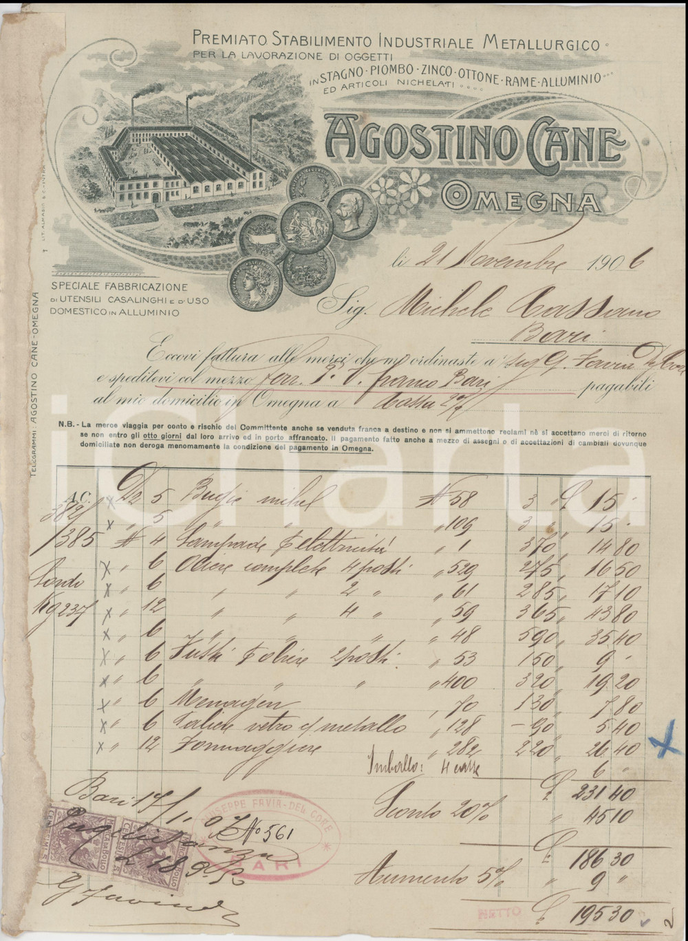 Documento originale, autentico 1906 OMEGNA Stabilimento metallurgico Agostino CANE Casalinghi  Fattura 1