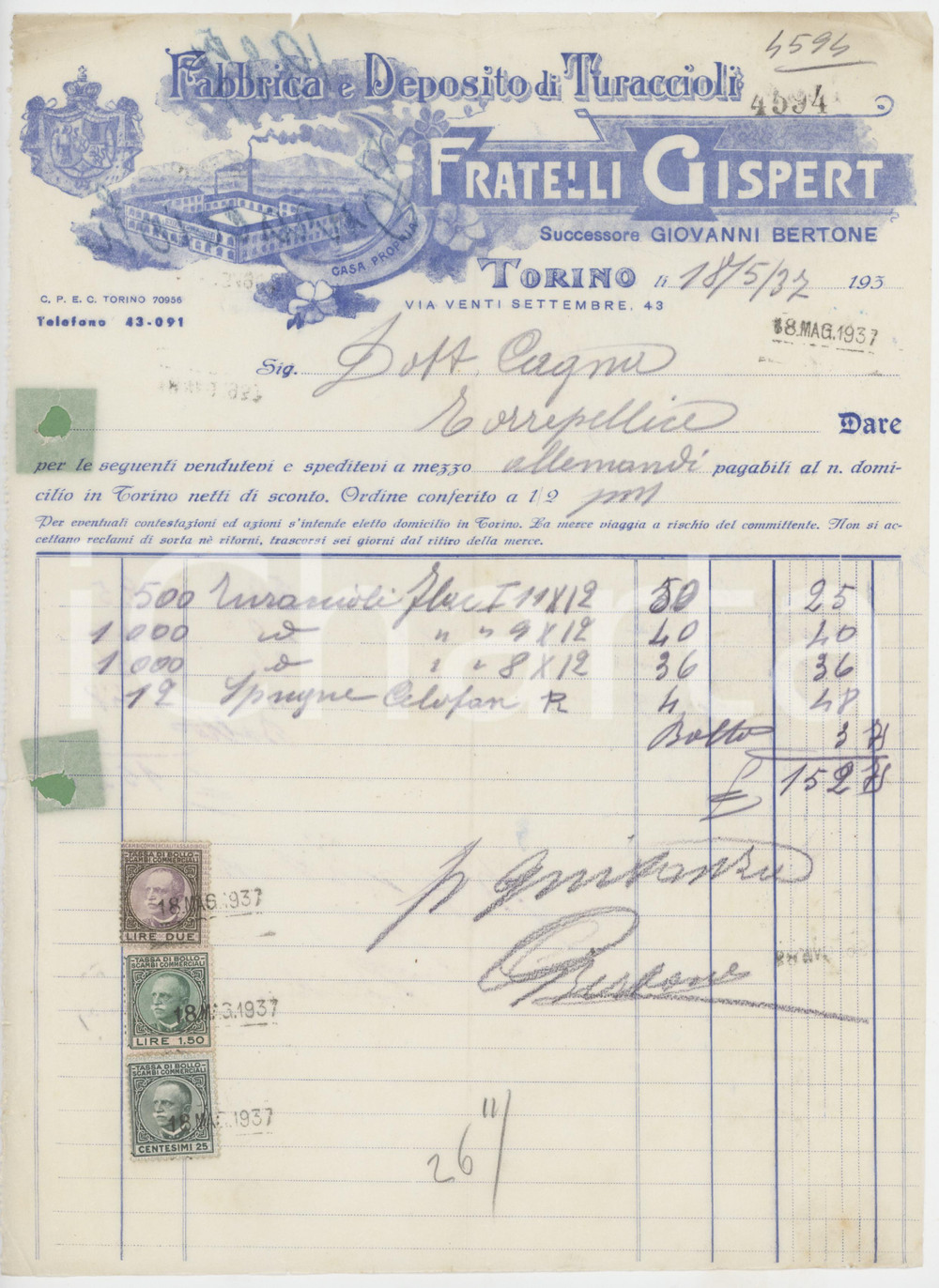 Documento originale, autentico 1937 TORINO Via 20 settembre 43 Fratelli GISPERT Fabbrica turaccioli  Fattura 1