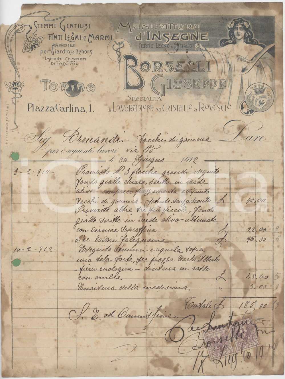 Documento originale, autentico 1912 TORINO Piazza Carlina 1 Giuseppe BORSELLI Manifattura d insegne  Fattura 1