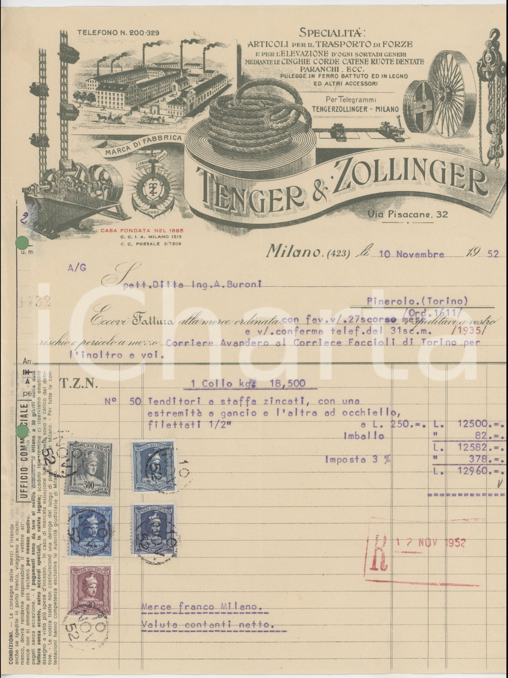 Documento originale, autentico 1941 MILANO Via Pisacane 32  TENGER & ZOLLINGER  Fattura tenditori a staffa 1