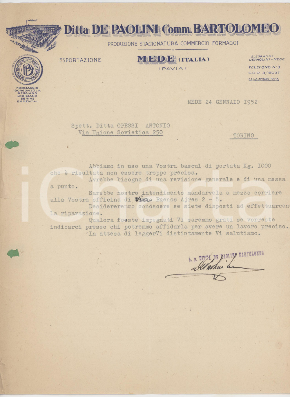 Documento originale, autentico 1952 MEDE Ditta Bartolomeo DE PAOLINI Produzione formaggi  Lettera commerciale 1