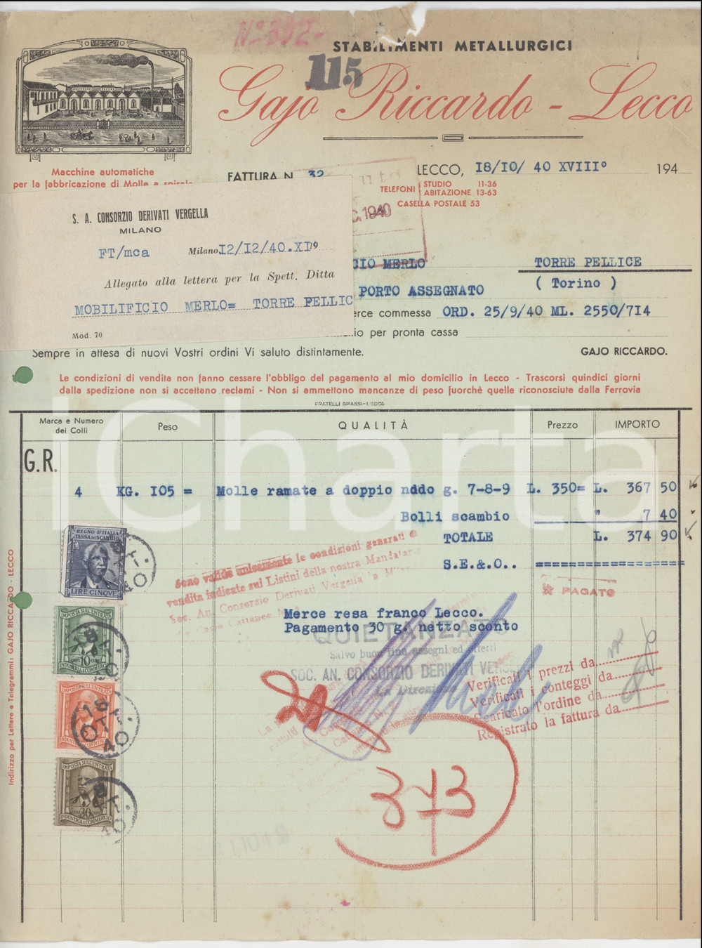 Documento originale, autentico 1940 LECCO Stabilimenti metallurgici Riccardo GAJO Fattura per molle ramate 1