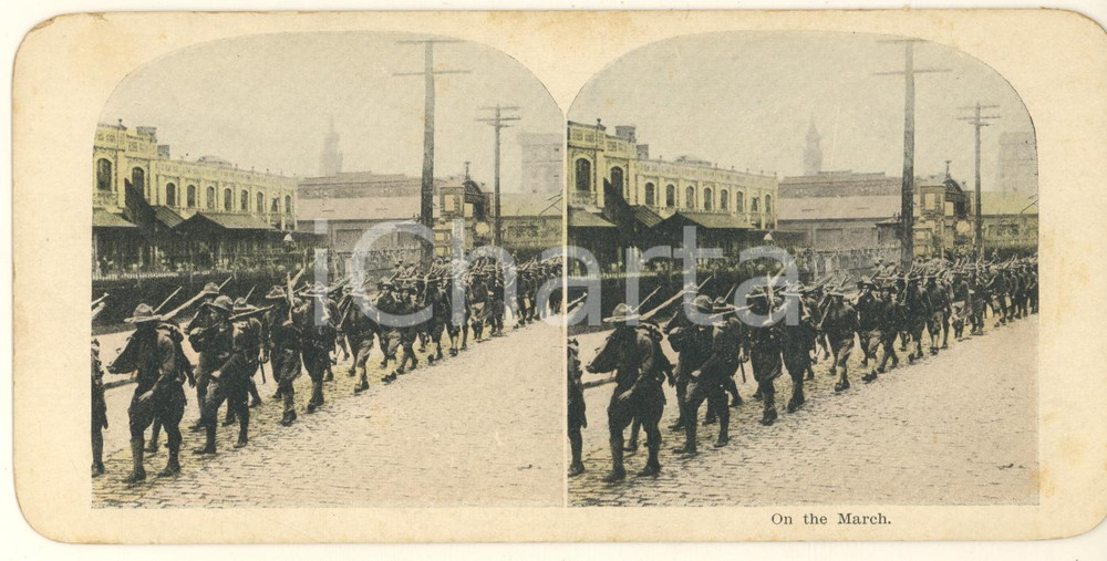 Fotografia d epoca originale 1918 WW1 US ARMY Soldiers on the march  Original stereoview 1