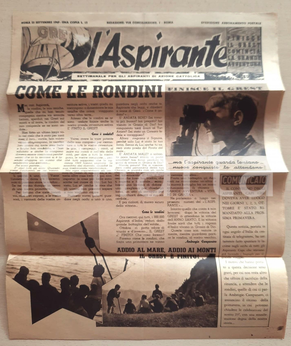 Giornale, rivista storica 1949 ROMA L ASPIRANTE  Alla fine del GREST Giornale Aspiranti AZIONE CATTOLICA 1