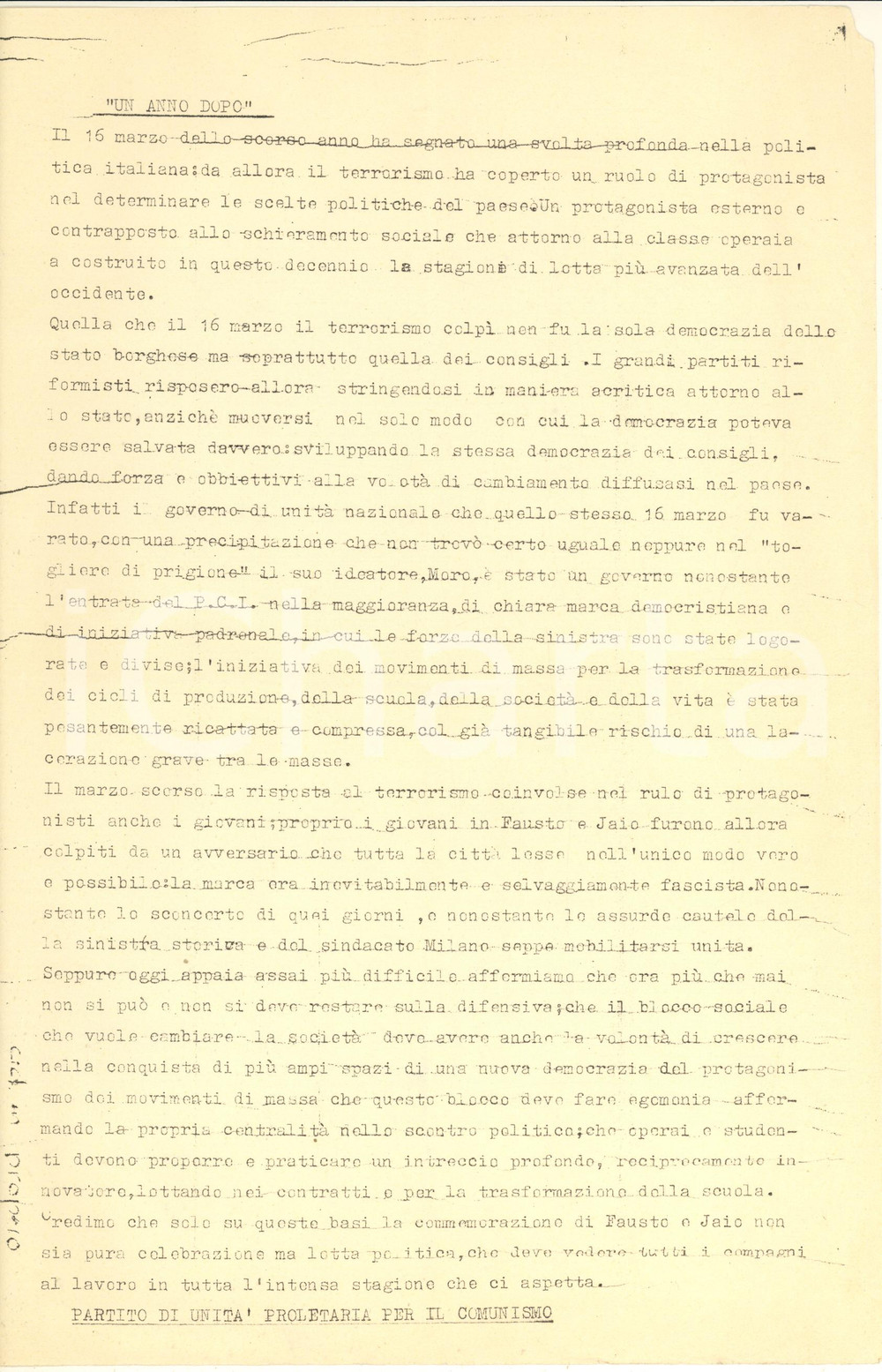 Materiale pubblicitario d’epoca 1979 Partito Unità Proletaria Comunismo  Un anno dopo Fausto e Iaio Volantino 1