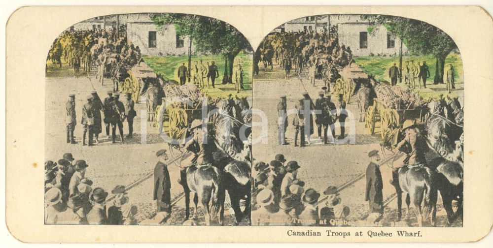 Fotografia d epoca originale 1918 WW1 Canadian Troops at Quebec Wharf Original stereoview 1