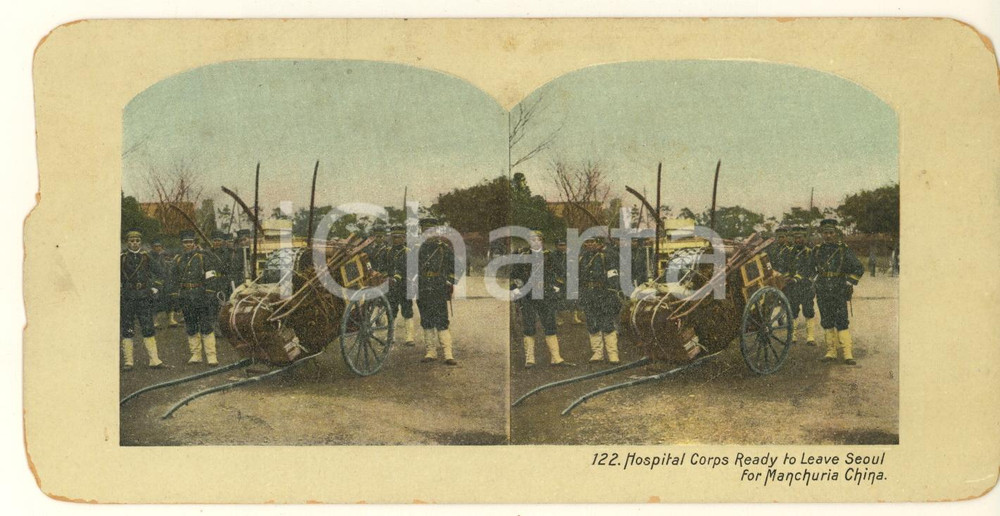 Fotografia d epoca originale 1904 RUSSOJAPANESE WAR Hospital Corps from Seoul for Manchuria China Stereoview 1