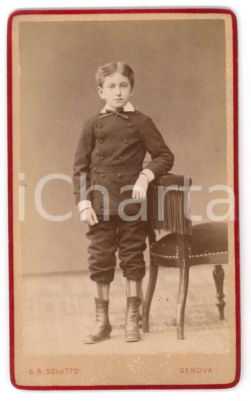 Fotografia d epoca originale 1890 ca GENOVA Ritratto di bambino in abito scolastico  Foto SCIUTTO CDV 1