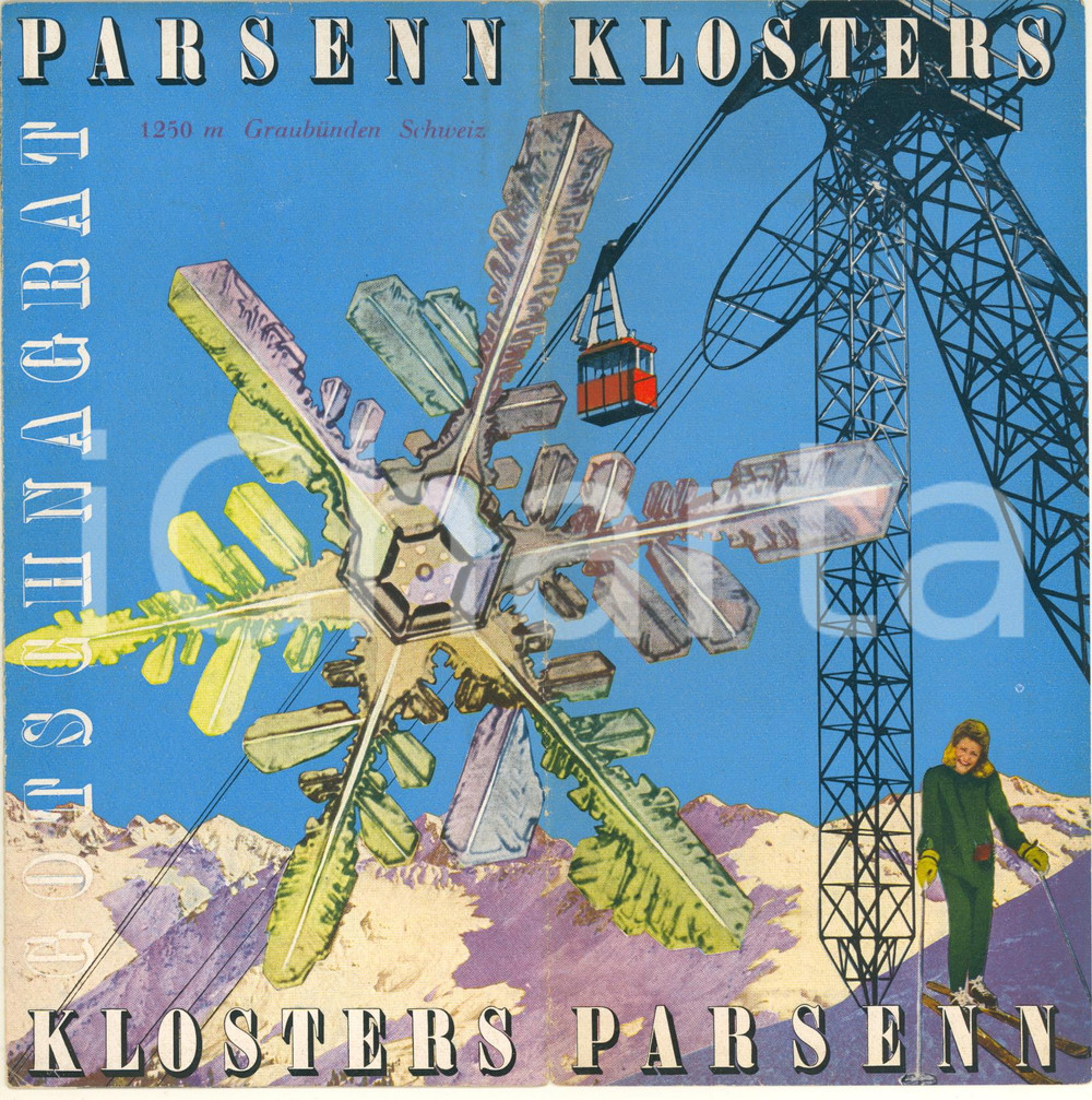 Materiale pubblicitario d’epoca 1951 KLOSTERS / PARSENN CH Pieghevole illustrato TURISMO con programma sport 1