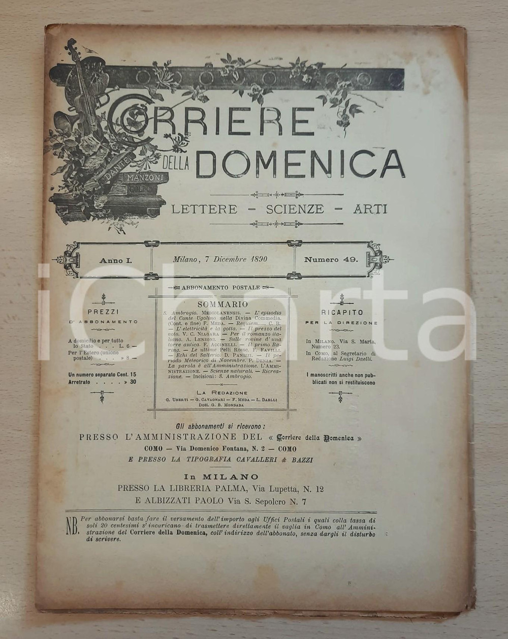 Giornale, rivista storica 1890 CORRIERE DELLA DOMENICA S. Ambrogio  Il conte Ugolino Anno I n° 49 1