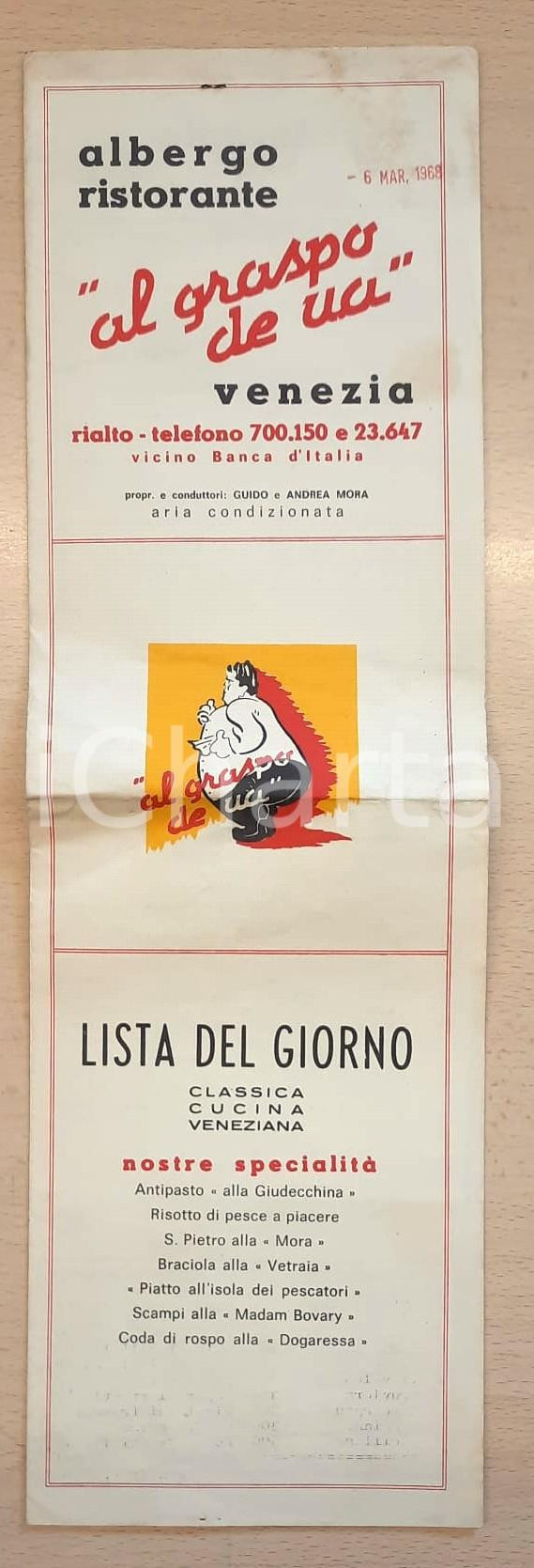 Oggetto da collezione cartaceo 1968 VENEZIA RIALTO Albergo ristorante AL GRASPO DE UA  Menù 1